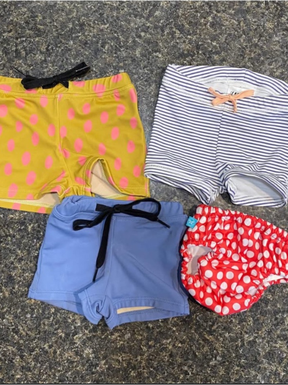 Kids Swim Shorts Pack — Yellow Polka Dot, Blue, Striped & Red Polka